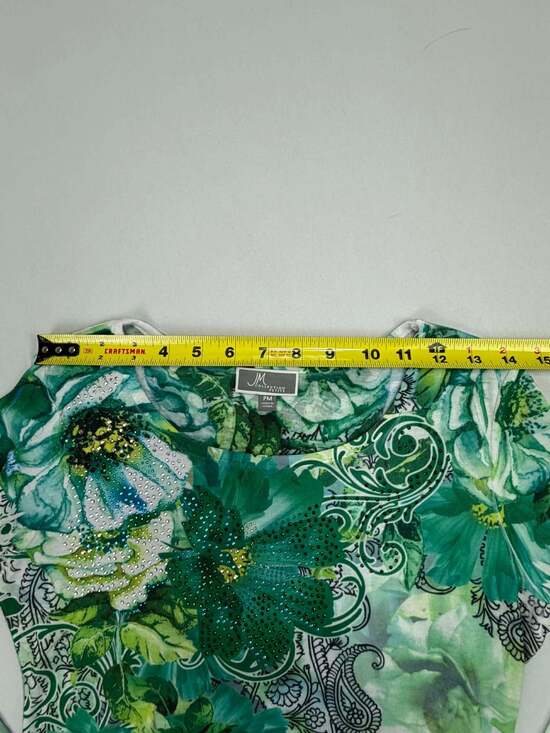 JM Collection Petite Green Floral Rhinestone Embellished 3/4 Sleeve Top - Picture 6 of 10